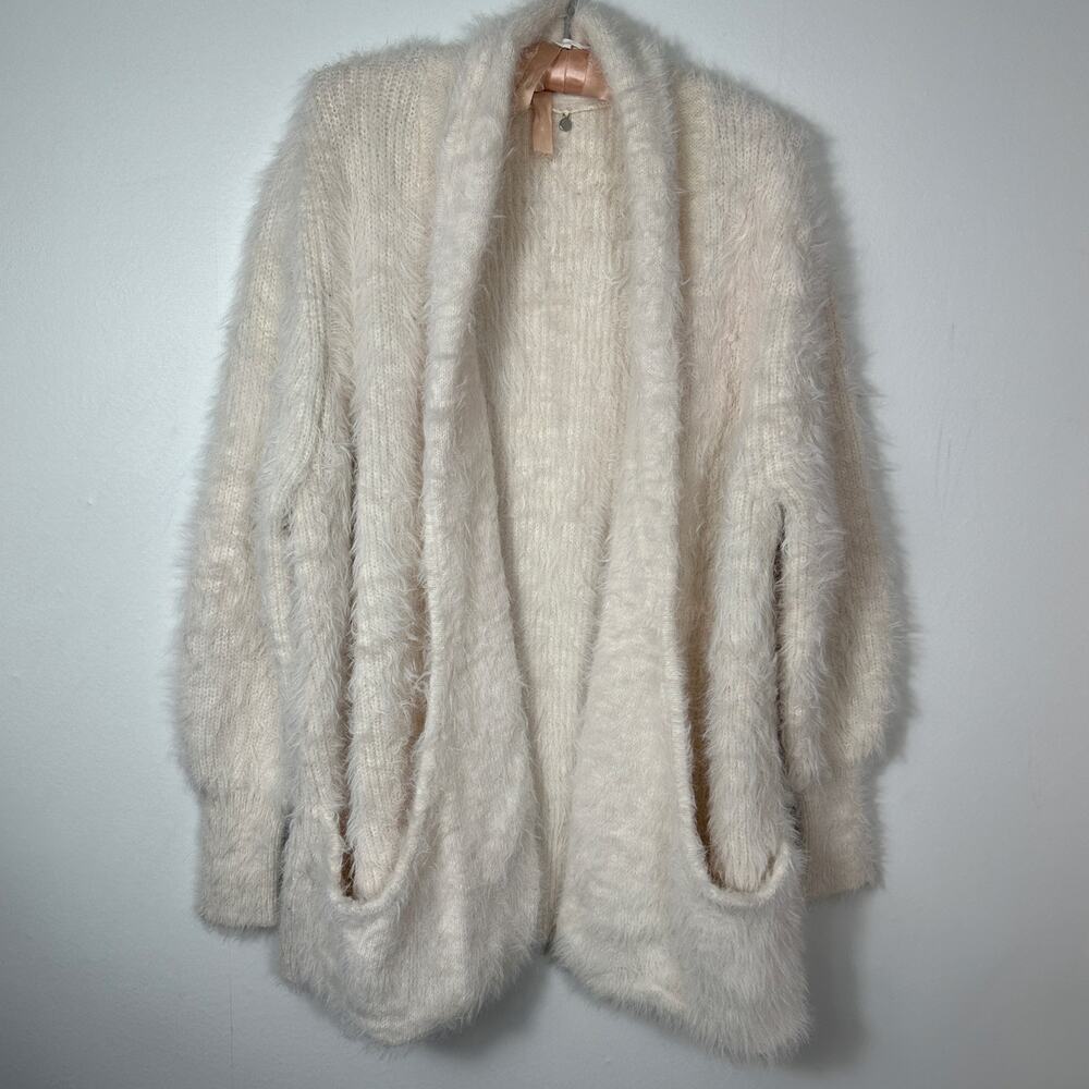 Knotted & Knitted Eyelash Knit Cardigan Cream Open Front Fuzzy Womens‎ M